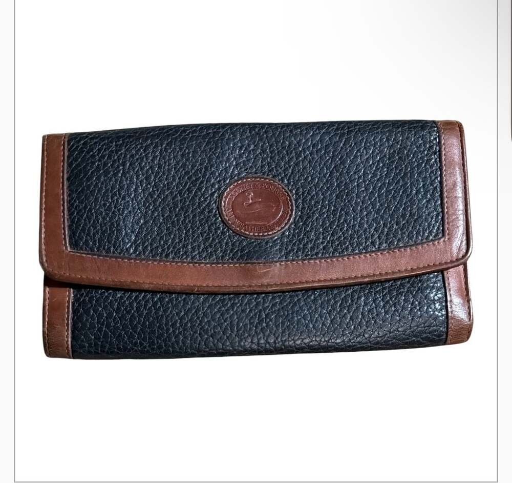 Vintage Dooney & Bourke All Weather Leather Navy and Brown Trifold Wallet Checkb